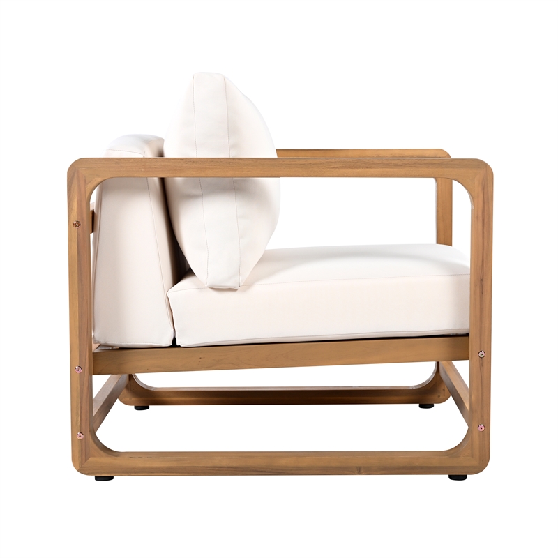 Pemberly Row Oversized Acacia Wood Outdoor Lounge Chair with White Cushions