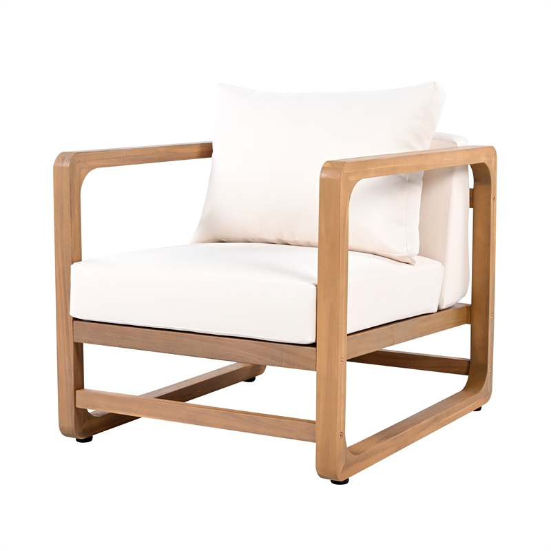 Pemberly Row Oversized Acacia Wood Outdoor Lounge Chair with White Cushions