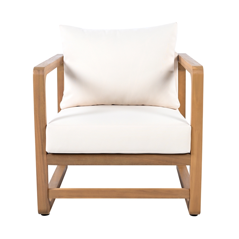 Pemberly Row Oversized Acacia Wood Outdoor Lounge Chair with White Cushions