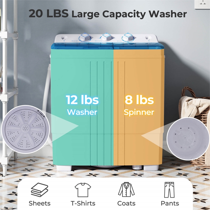 Pemberly Row Compact Mini Portable Twin Tub Washing Machine 20 Lbs in Blue