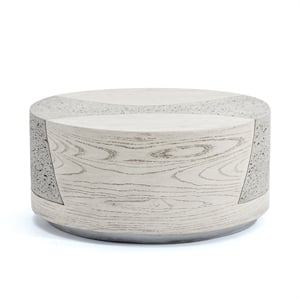 Pemberly Row 28&quot Round Indoor/Outdoor Coffee Table in Ivory Oak Travertine