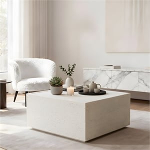 Pemberly Row 28&quot Square Indoor/Outdoor Coffee Table in Ivory Travertine