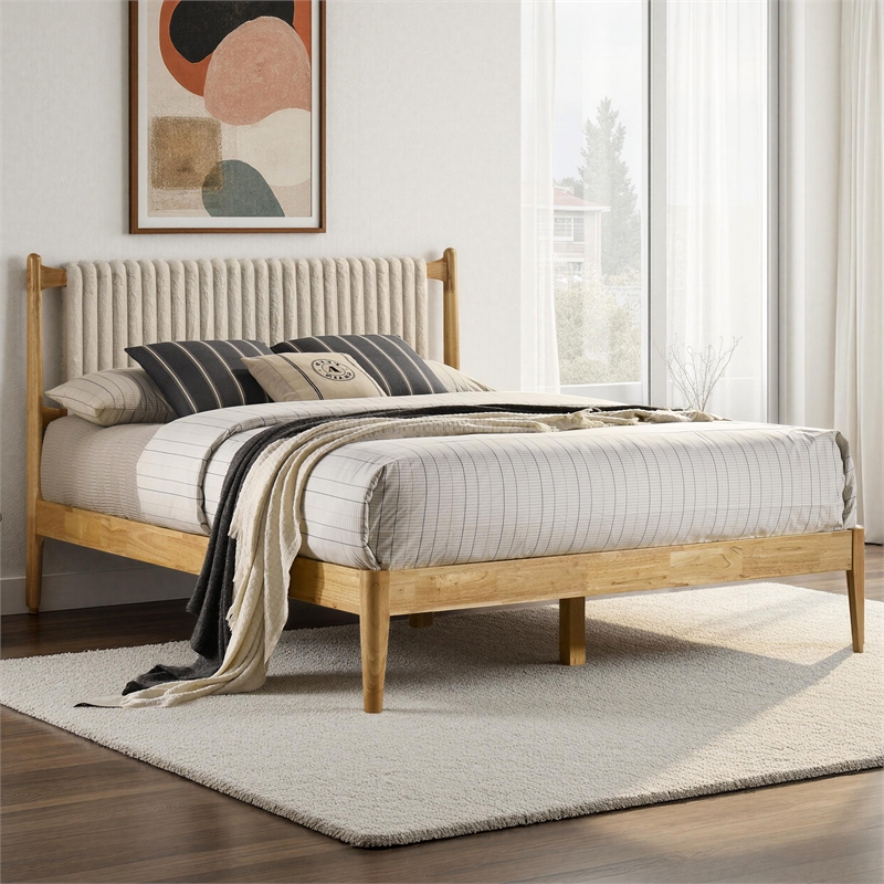 Pemberly Row Wooden Queen Size Platform Bed in Natural and Beige