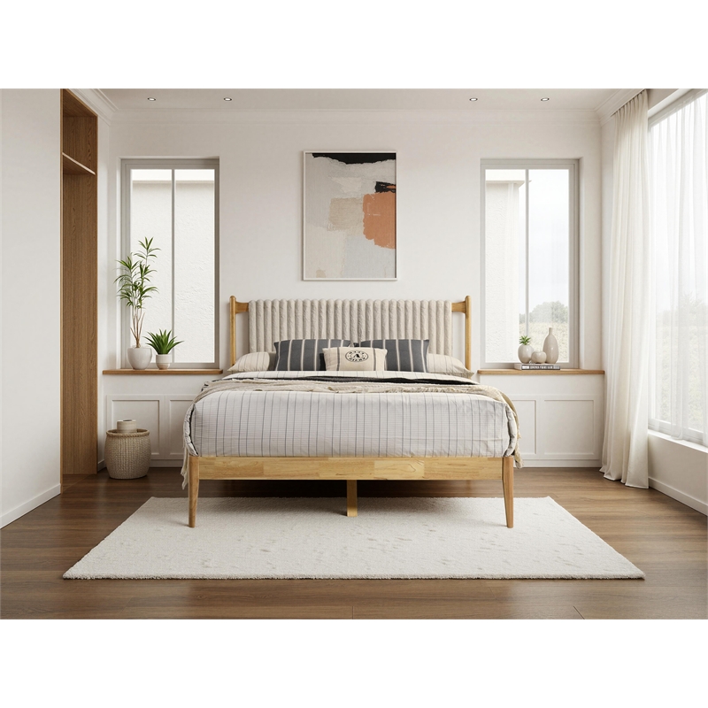 Pemberly Row Wooden Queen Size Platform Bed in Natural and Beige