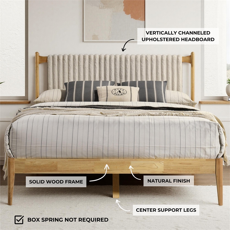 Pemberly Row Wooden Queen Size Platform Bed in Natural and Beige