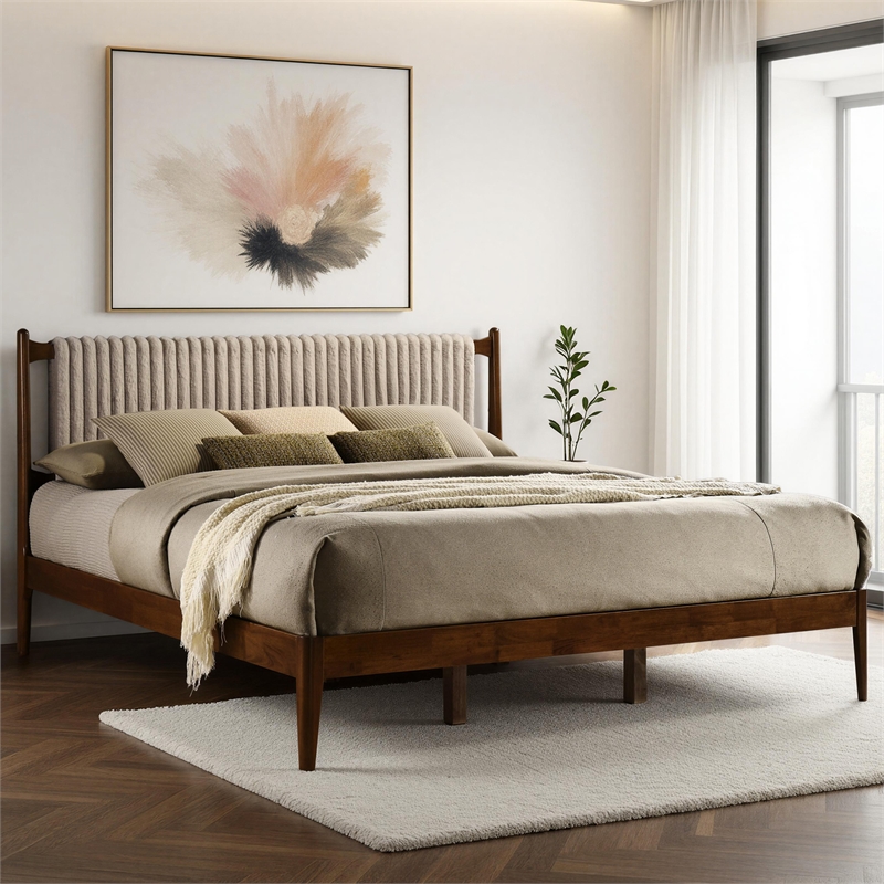 Pemberly Row Wooden King Size Platform Bed in Walnut and Beige