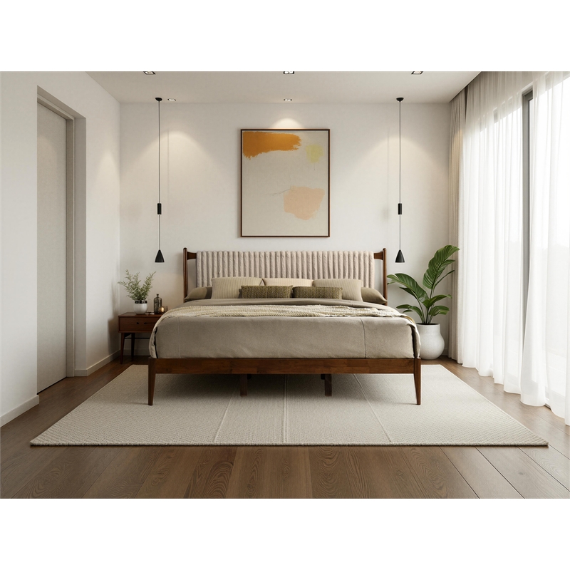 Pemberly Row Wooden King Size Platform Bed in Walnut and Beige