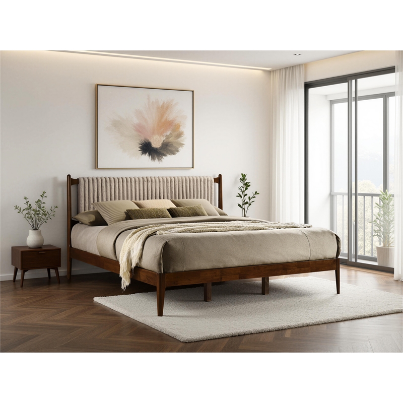 Pemberly Row Wooden King Size Platform Bed in Walnut and Beige