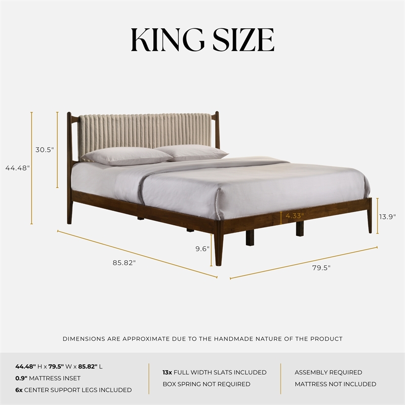 Pemberly Row Wooden King Size Platform Bed in Walnut and Beige
