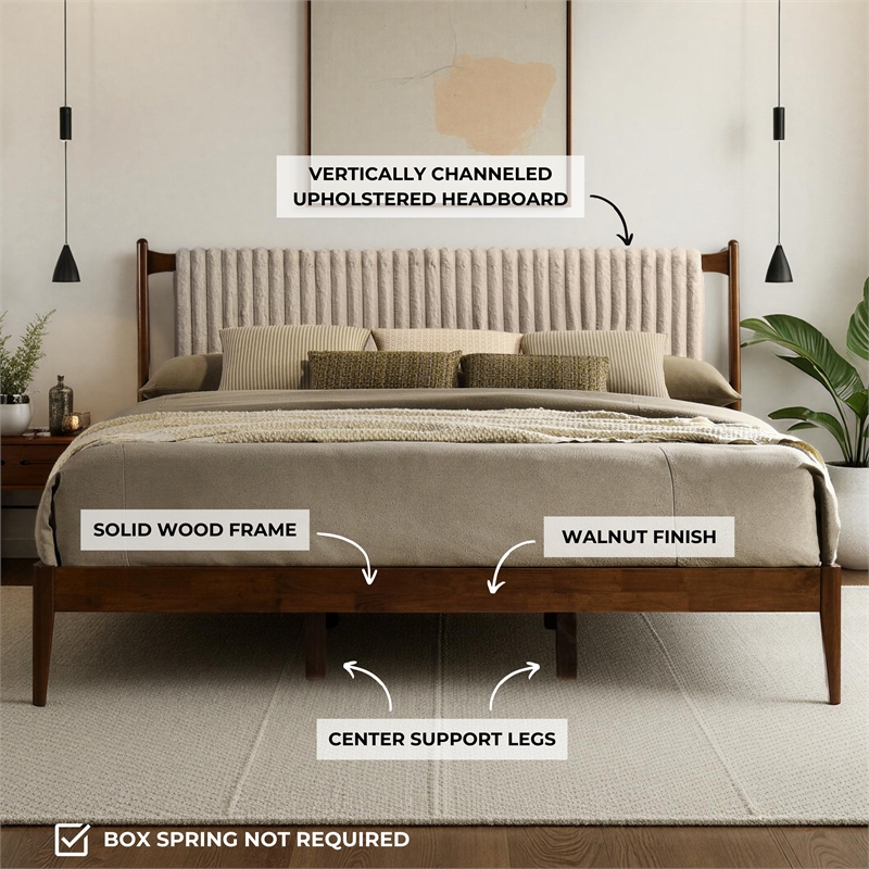 Pemberly Row Wooden King Size Platform Bed in Walnut and Beige