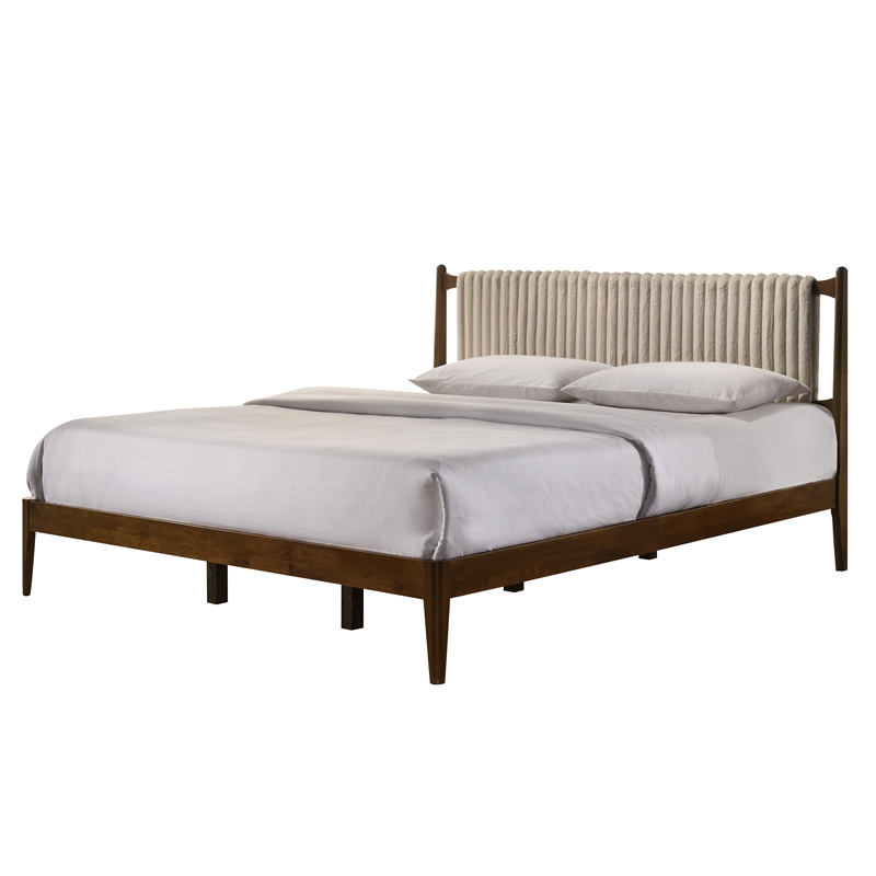 Pemberly Row Wooden King Size Platform Bed in Walnut and Beige