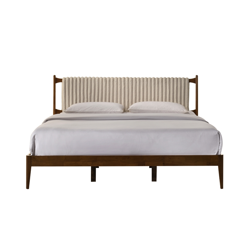 Pemberly Row Wooden King Size Platform Bed in Walnut and Beige