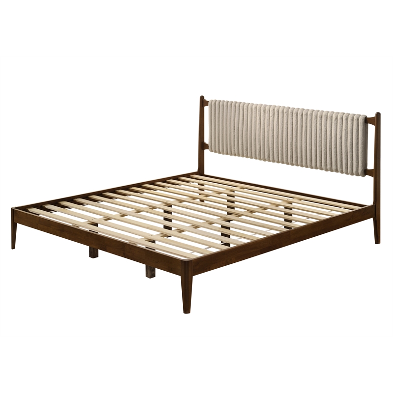 Pemberly Row Wooden King Size Platform Bed in Walnut and Beige