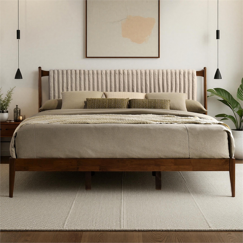 Pemberly Row Wooden King Size Platform Bed in Walnut and Beige