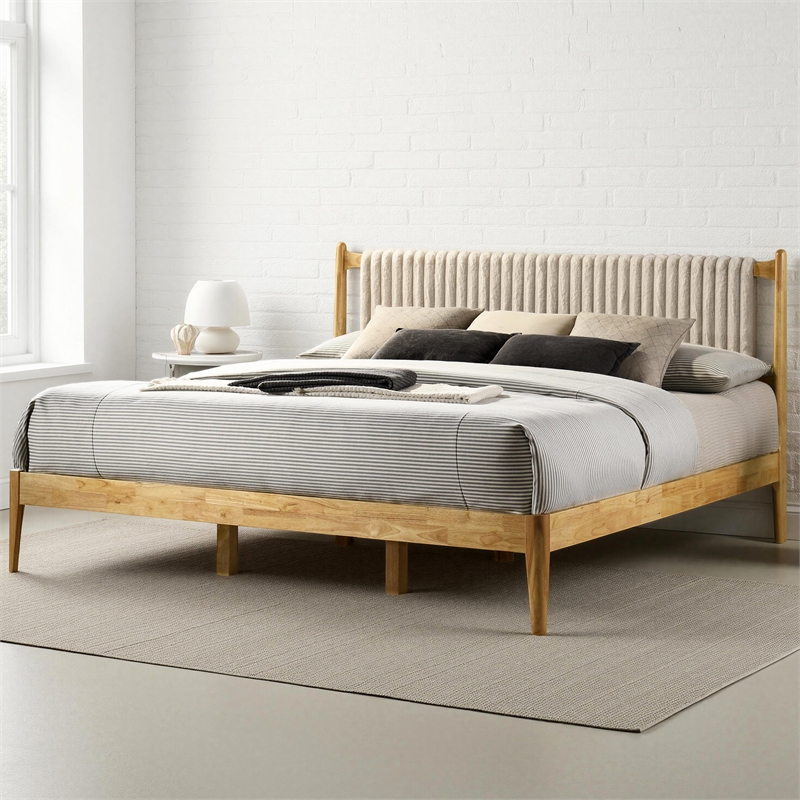 Pemberly Row Wooden King Size Platform Bed in Natural and Beige