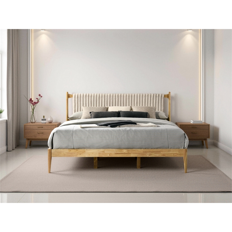 Pemberly Row Wooden King Size Platform Bed in Natural and Beige