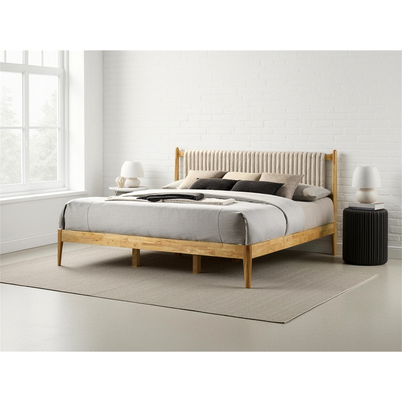 Pemberly Row Wooden King Size Platform Bed in Natural and Beige