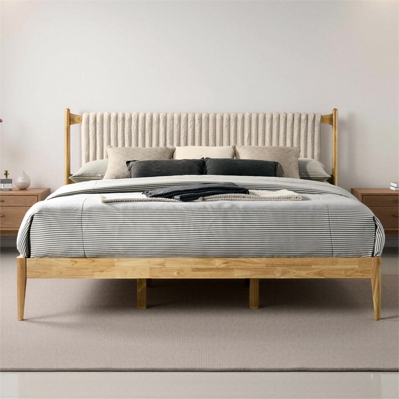 Pemberly Row Wooden King Size Platform Bed in Natural and Beige