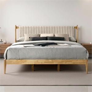Pemberly Row Wooden King Size Platform Bed in Natural and Beige