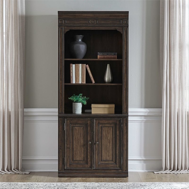 Pemberly Row Solid Wood Bunching Bookcase with Storage in Brown