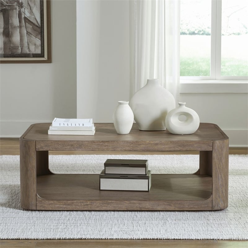 Pemberly Row Solid Wood Rectangular Cocktail Table with Drawer in Brown
