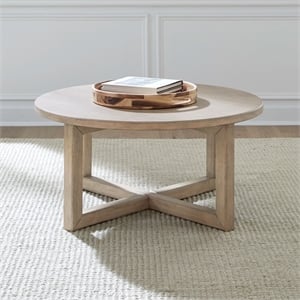 Pemberly Row Solid Wood Round Cocktail Table with Drawer in Brown