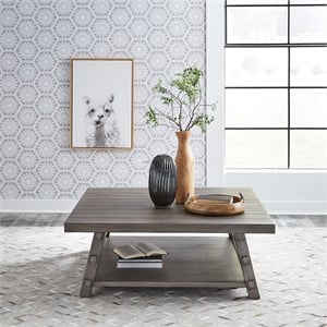 Pemberly Row Solid Wood Oversized Square Cocktail Table in Gray