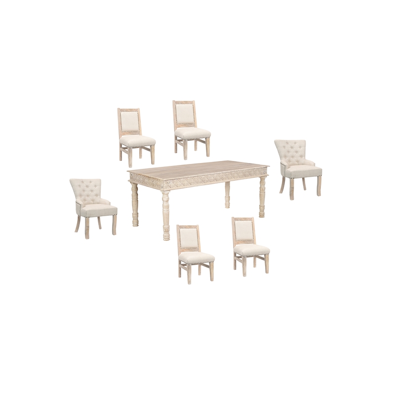 Pemberly Row Floral Carved Upholstered Solid Wood Mango 7 Pc Dining Set in White
