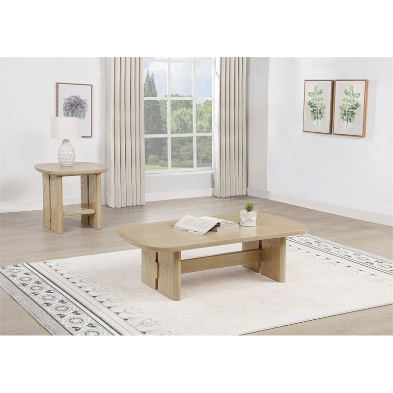Pemberly Row 2-Piece Coastal Wood Coffee and End Table Set in Beige Oak