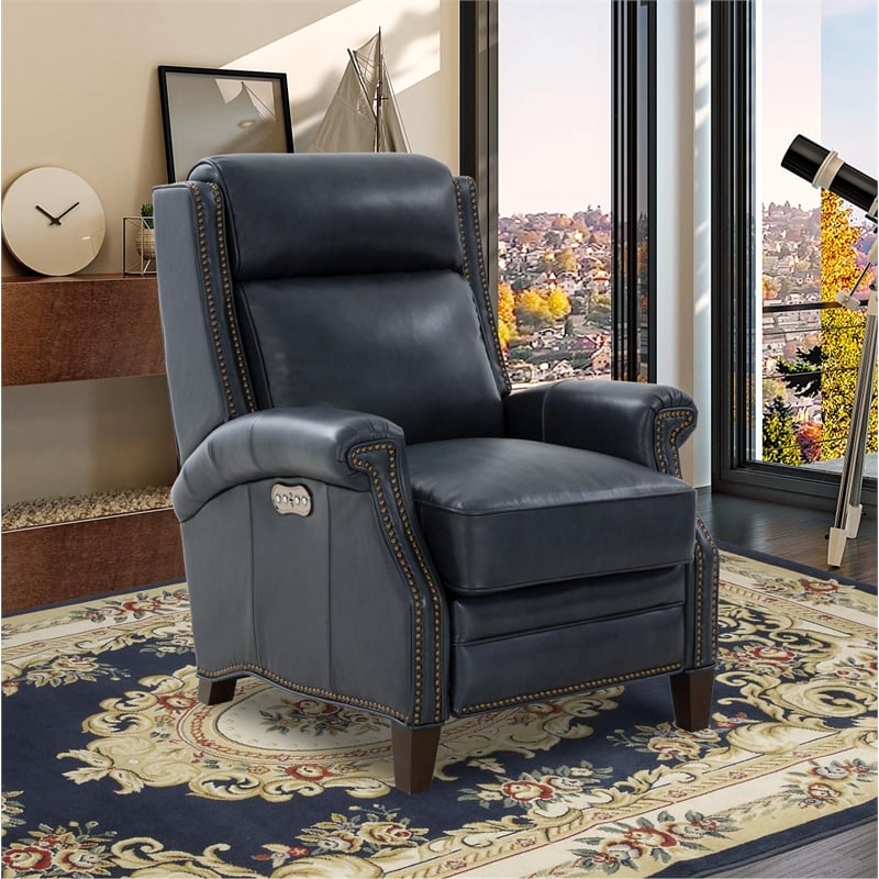 Pemberly Row Power Recliner with Power Head Rest in Barone Navy Blue