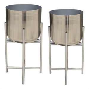 Pemberly Row Set of 2 Planters 19-22&quot Tall with Foldable Iron Stand in Nickel