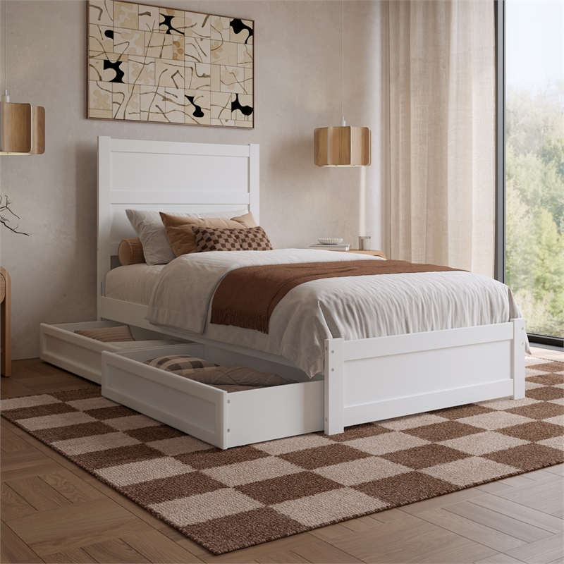 Pemberly Row Twin XL Platform Bed with Footboard and Drawers in White