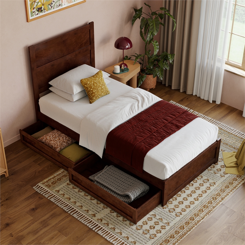 Pemberly Row Twin XL Platform Bed with Footboard and Drawers in Walnut