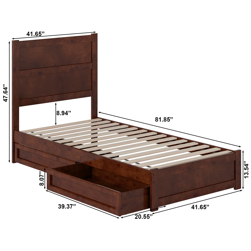 Pemberly Row Twin XL Platform Bed with Footboard and Drawers in Walnut