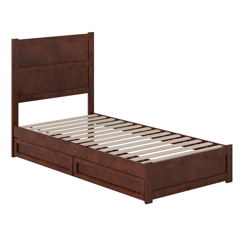 Pemberly Row Twin XL Platform Bed with Footboard and Drawers in Walnut