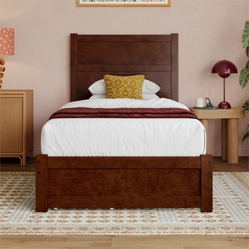 Pemberly Row Twin XL Platform Bed with Footboard and Drawers in Walnut