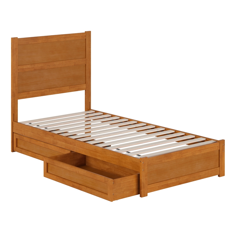 Pemberly Row Twin XL Platform Bed with Footboard and Drawers in Light Toffee