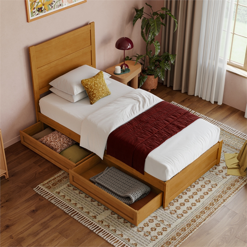 Pemberly Row Twin XL Platform Bed with Footboard and Drawers in Light Toffee
