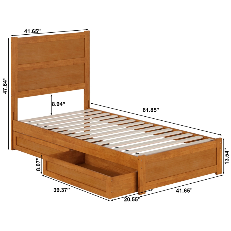 Pemberly Row Twin XL Platform Bed with Footboard and Drawers in Light Toffee