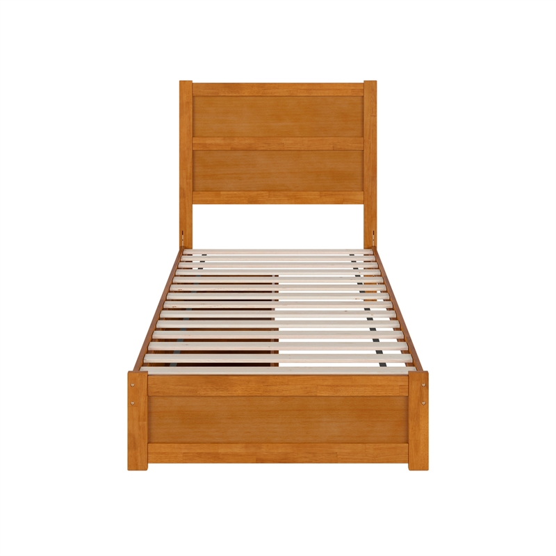 Pemberly Row Twin XL Platform Bed with Footboard and Drawers in Light Toffee