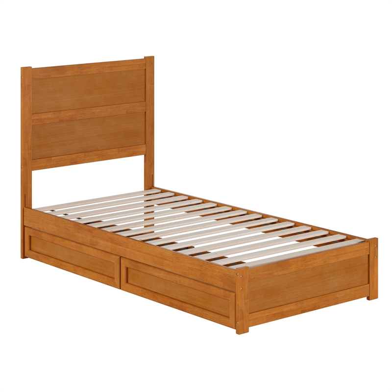 Pemberly Row Twin XL Platform Bed with Footboard and Drawers in Light Toffee