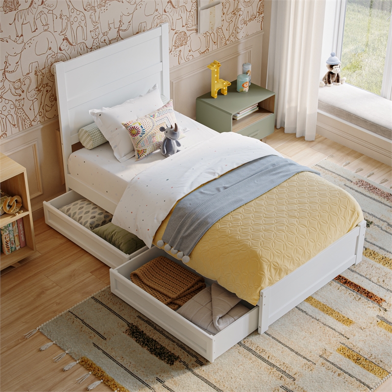 Pemberly Row Twin Platform Bed with Footboard and Drawers in White