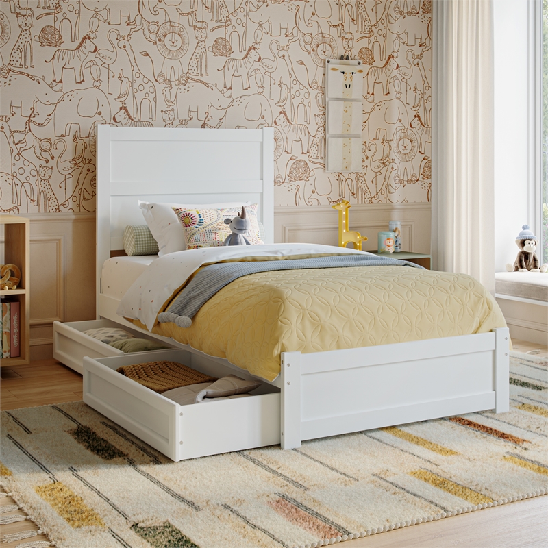 Pemberly Row Twin Platform Bed with Footboard and Drawers in White