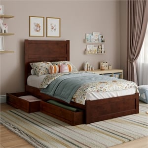 Pemberly Row Twin Platform Bed with Footboard and Drawers in Walnut