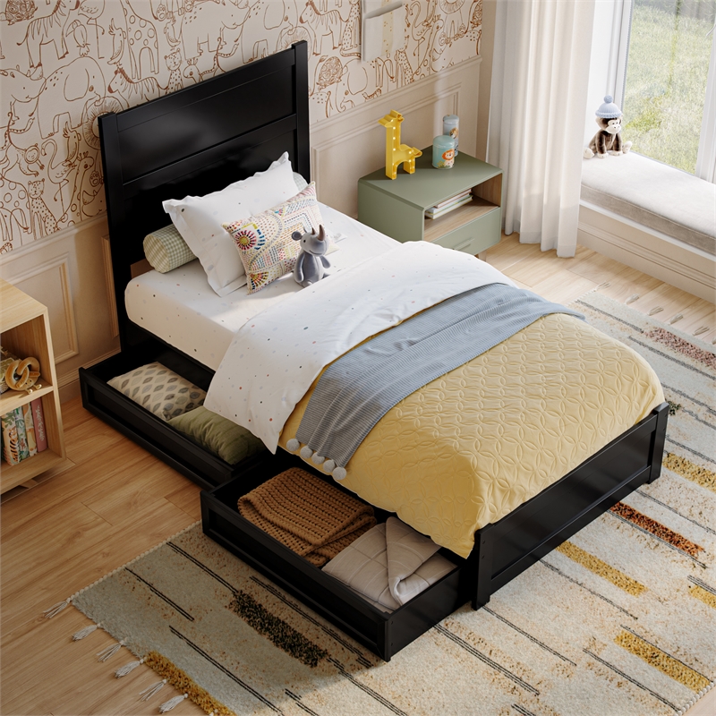 Pemberly Row Twin Platform Bed with Footboard and Drawers in Black
