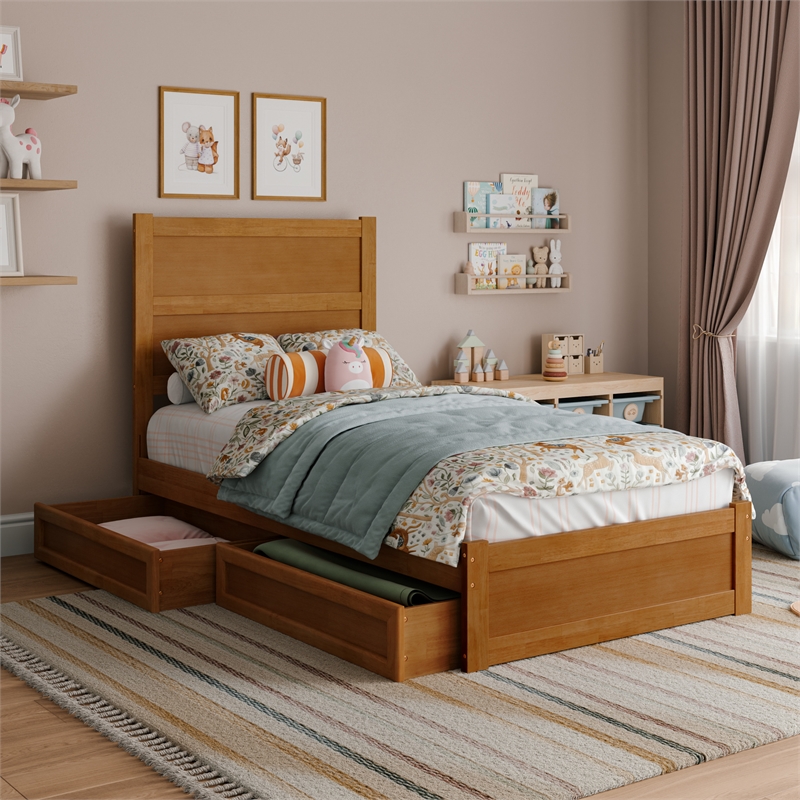 Pemberly Row Twin Platform Bed with Footboard and Drawers in Light Toffee