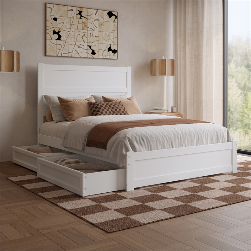 Pemberly Row Full Platform Bed with Footboard and Drawers in White