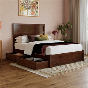 Pemberly Row Full Platform Bed with Footboard and Drawers in Walnut