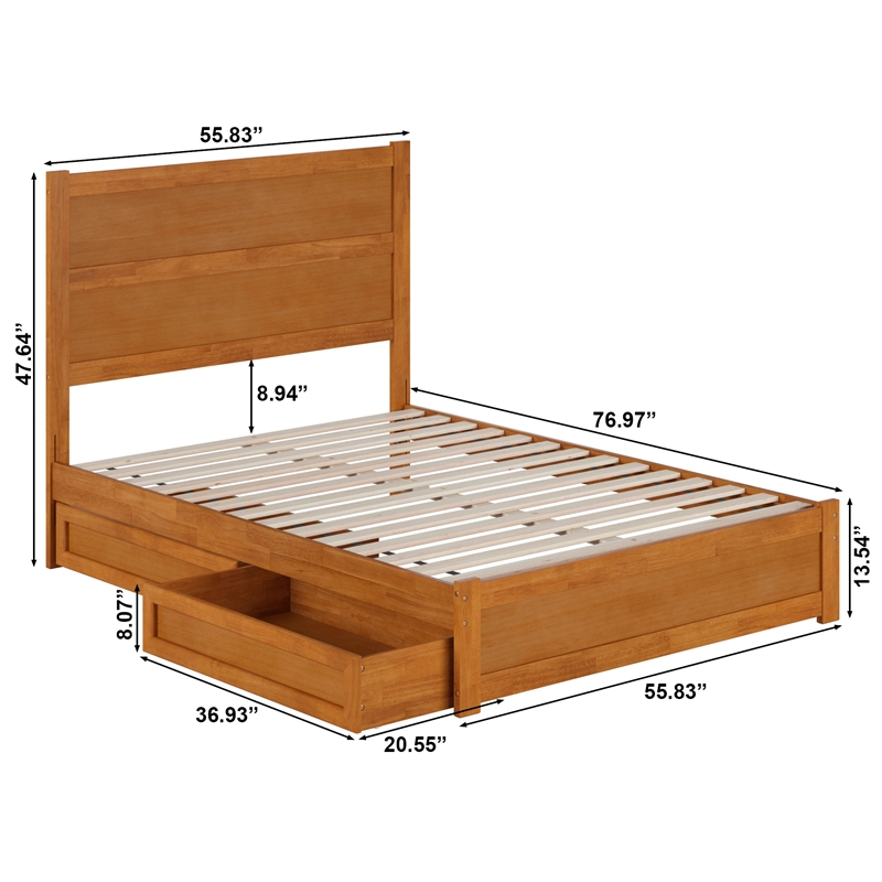 Pemberly Row Full Platform Bed with Footboard and Drawers in Light Toffee