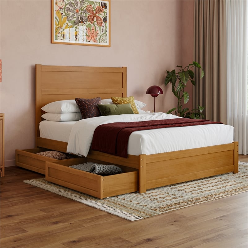 Pemberly Row Full Platform Bed with Footboard and Drawers in Light Toffee